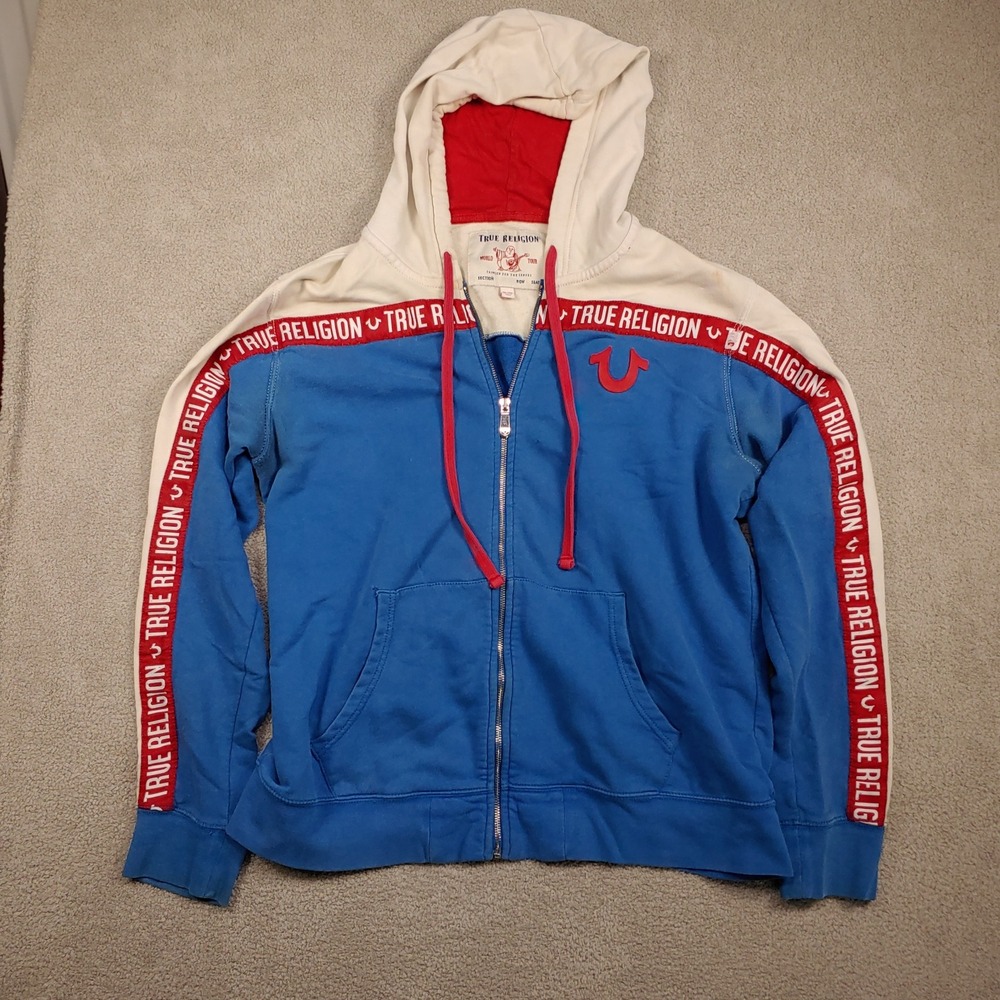 True Religion Sport Zip Hoodie - Mens 2XL Blue Red White Logo Tape Athletic